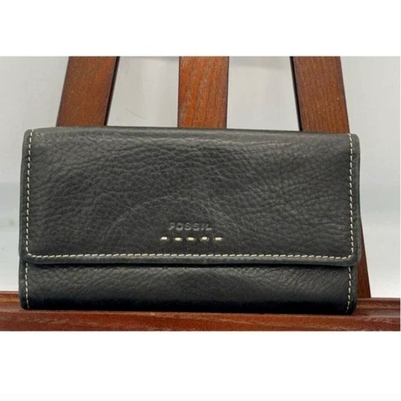 Fossil Popstitch Soft Black Leather Trifold Wallet & Checkbook Cover - Picture 1 of 7